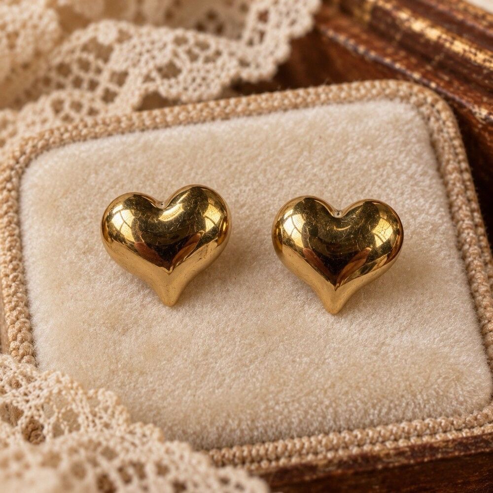 Vintage Gold Tone Puffy Heart Stud Earrings Small Polished Romantic Jewelry